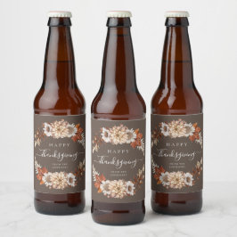 Etiqueta Para Botella De Cerveza Floral Otoño Marrón Rústico Acción de Gracias Feli