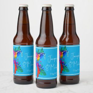 Etiqueta Para Botella De Cerveza Flores tropicales y loro colorido