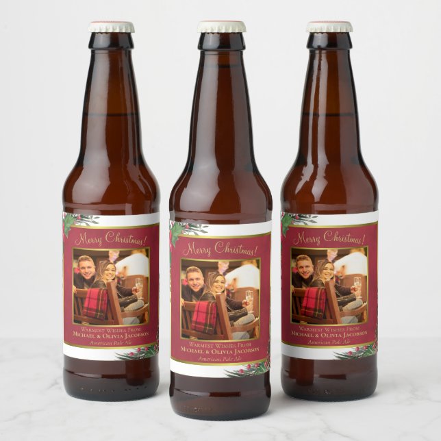Etiqueta Para Botella De Cerveza Fotos navideñas navideñas Holly y Pine Merry (Botellas)