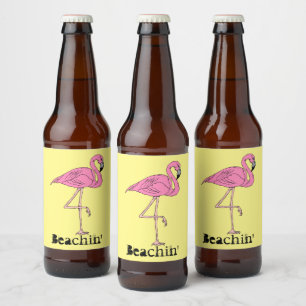 Etiqueta Para Botella De Cerveza Fun Retro Beach Sunny Beachin' flamingo rosa