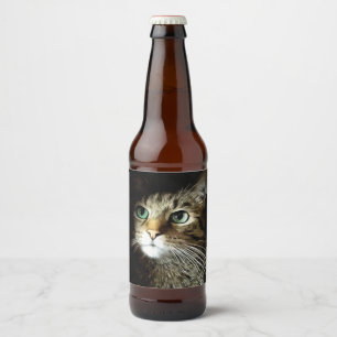 Etiqueta Para Botella De Cerveza Gato atigrado con ojos verdes aislado sobre negro