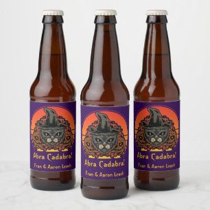 Etiqueta Para Botella De Cerveza Gato de Halloween en el Gorra de brujas Abra Cadab