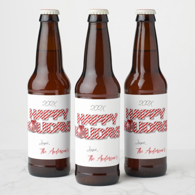 Etiqueta Para Botella De Cerveza Globo personalizado Felices Fiestas Peppermint (Botellas)
