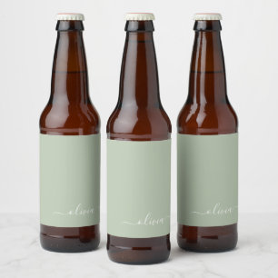 Etiqueta Para Botella De Cerveza Green Sage Modern Script Girly Monograma Nombre