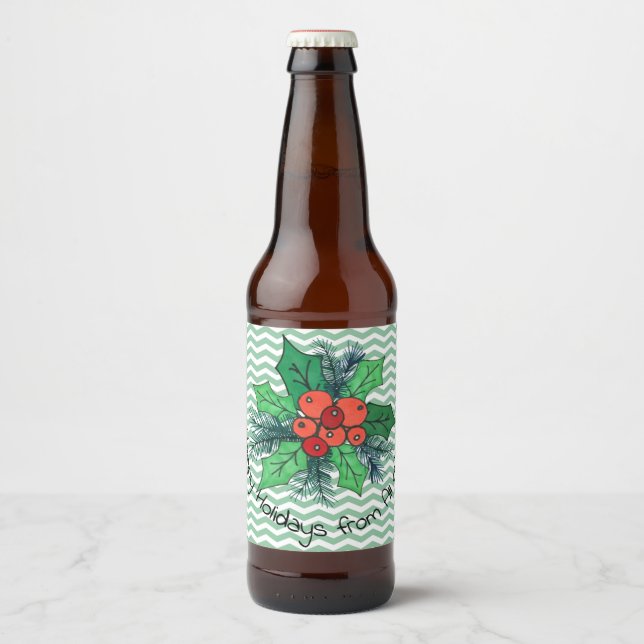 Etiqueta Para Botella De Cerveza Holly Berries en Chevron (Anverso)