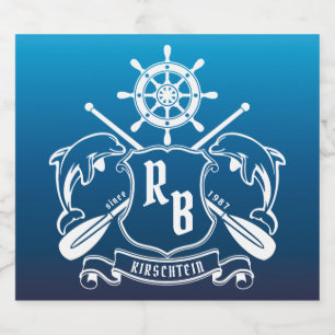 Etiqueta Para Botella De Cerveza Insignia Marina Delfines Timón Remos Escudo Náutic