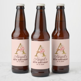 Etiqueta Para Botella De Cerveza Letra A Monograma Dorado Rosas Rosadas