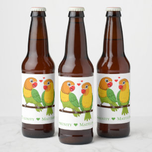 Etiqueta Para Botella De Cerveza Lovebirds Amarillo Verde Pájaros del Amor Boda