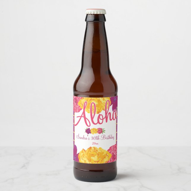 Etiqueta Para Botella De Cerveza Luau hawaiano, floral (Anverso)