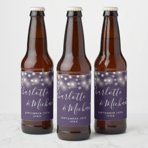 Etiqueta Para Botella De Cerveza Luces de Cadena Firma Script Bodas Morado