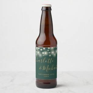 Etiqueta Para Botella De Cerveza Luces de Cadena Firma Script Verde Boda Dorada