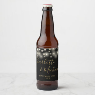 Etiqueta Para Botella De Cerveza Luces de Cuerda Firma Script Boda Negra Dorada