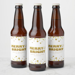 Etiqueta Para Botella De Cerveza Merry y Bright | Navidades divertidos blanco y oro