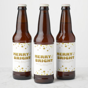 Etiqueta Para Botella De Cerveza Merry y Bright   Navidades divertidos blanco y oro