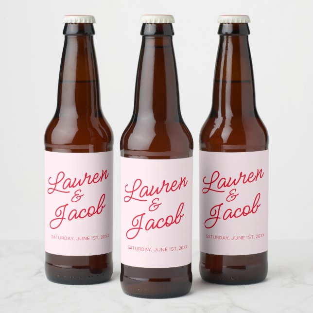 Etiqueta Para Botella De Cerveza Moderno Boda Minimalista Mínimo Rosa y Rojo (Botellas)