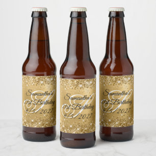 Etiqueta Para Botella De Cerveza Monograma Glam Glitter Dorado Cumpleaños 21