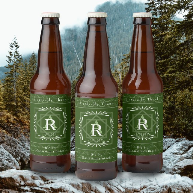 Etiqueta Para Botella De Cerveza Monograma verde de marco elegante (Modern stylish Monogram Design. )