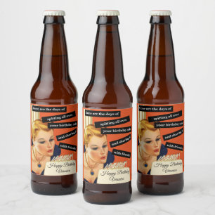 Etiqueta Para Botella De Cerveza Mujer de cumpleaños divertida y vintage que sopla