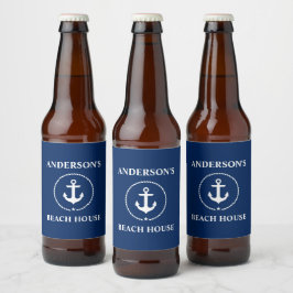 Etiqueta Para Botella De Cerveza Nautical Beach House Name Anchor Navy Blue