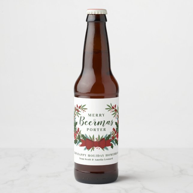 Etiqueta Para Botella De Cerveza Navidades Greenery Wreath Holiday (Anverso)