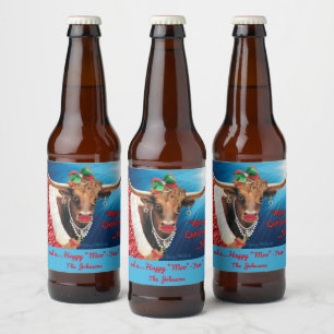 Etiqueta Para Botella De Cerveza Navidades "MOO", vacas Longhorn