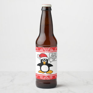 Etiqueta Para Botella De Cerveza Navidades Penguin Santa Naughty List