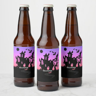 Etiqueta Para Botella De Cerveza Noche de bruja y murciélagos cazan casa en el atar