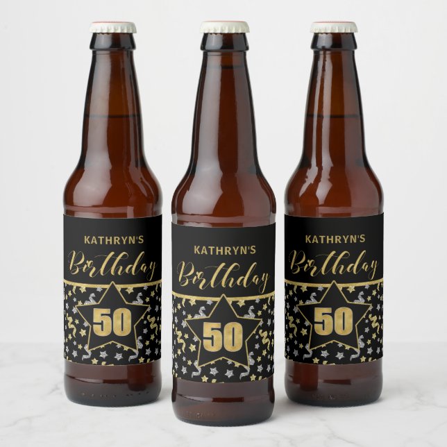 Etiqueta Para Botella De Cerveza Nombre 50.º tema de cumpleaños Confetti en oro en  (Botellas)