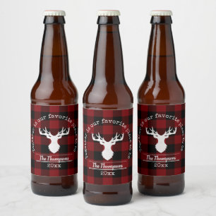 Etiqueta Para Botella De Cerveza Nombre de familia de ciervo a cuadros rojo y negro
