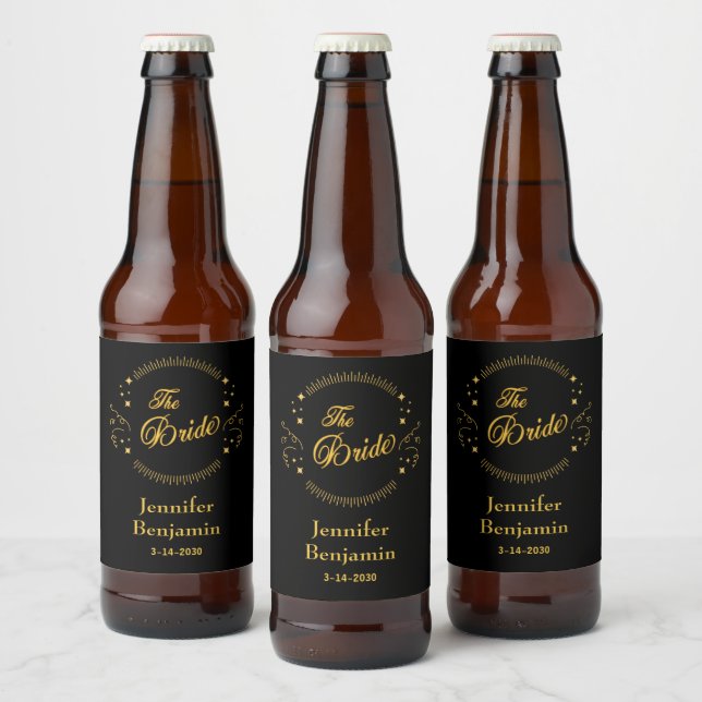 Etiqueta Para Botella De Cerveza Novia Boda negro elegante clásico (Botellas)