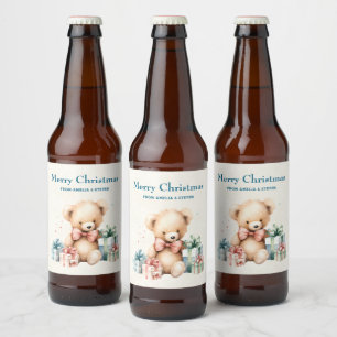 Etiqueta Para Botella De Cerveza Oso de peluche con regalos Feliz Navidad