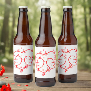 Etiqueta Para Botella De Cerveza Pajaritos de Amor Boho Corazón Rojo Jardín Boda
