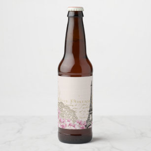Etiqueta Para Botella De Cerveza París Francia: Diseño de viajes con rosas rosadas 