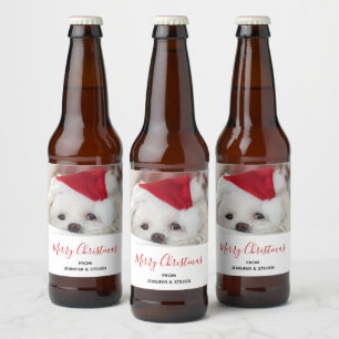 Etiqueta Para Botella De Cerveza Perro blanco lindo en un Gorra de Navidades rojos