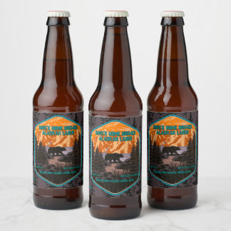 Etiqueta Para Botella De Cerveza Personalizar Oso Negro Naturaleza Montañas Azul