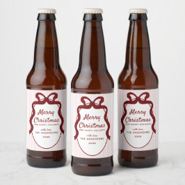 Etiqueta Para Botella De Cerveza Pink & Red Stripes & Bow Frame Christmas