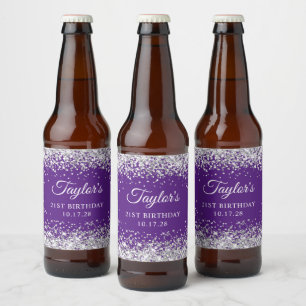 Etiqueta Para Botella De Cerveza Purpurina de Plata Royal Purple 21st Birthday