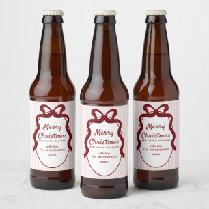 Etiqueta Para Botella De Cerveza Rayas rosadas y rojas y marco de lazo de Navidad