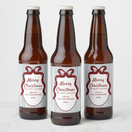 Etiqueta Para Botella De Cerveza Red Blue Stripes & Bow Frame Christmas 