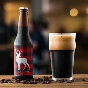 Etiqueta Para Botella De Cerveza Red Buffalo Plaid & Deer   Entrega de nombre perso