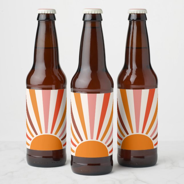 Etiqueta Para Botella De Cerveza Retro Sun Rays Naranja de la puesta de sol rojo am (Botellas)