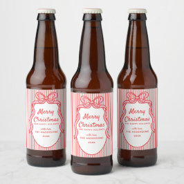 Etiqueta Para Botella De Cerveza Rojo Rosado Rayas y Marco de Navidad con Lazo