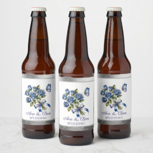 Etiqueta Para Botella De Cerveza Rosas Azules Elegantes y Mariposa Boda de Plata