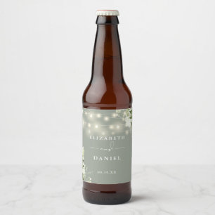 Etiqueta Para Botella De Cerveza Sage Green String ilumina el Boda de la vegetación