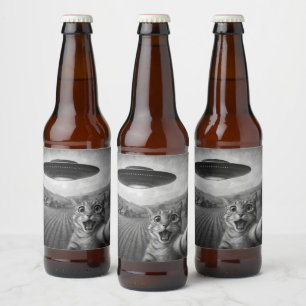 Etiqueta Para Botella De Cerveza Selfie de gato con regalos raros de gato de OVNI