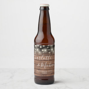 Etiqueta Para Botella De Cerveza String Lights Rustic Wood Signature Boda de guione