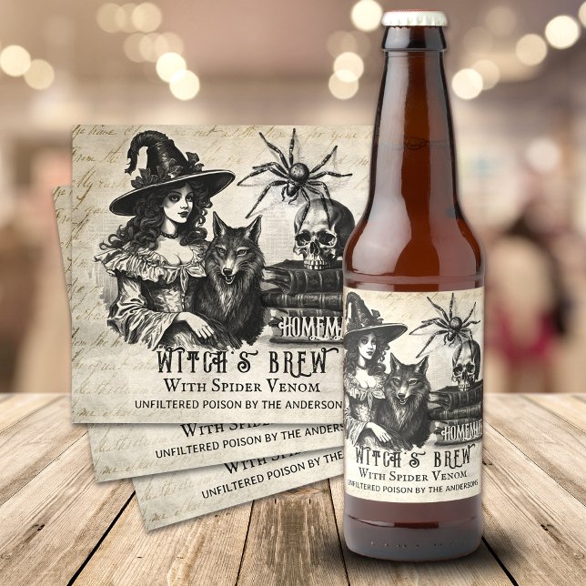 Etiqueta Para Botella De Cerveza Veneno de veneno de la bruja gótica de Halloween (Funny Halloween custom beer labels, Witch's Brew, Spider venom, Unfiltered poison)