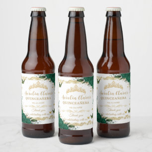 Etiqueta Para Botella De Cerveza Verde Esmeralda Floral Vintage Oro Quinceañera