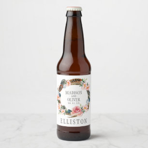 Etiqueta Para Botella De Cerveza Wreath floral acuarela con plumas BODA