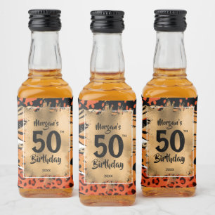 Etiqueta Para Botella De Licor 50th Birthday Gold on Brown Animal Print Mini